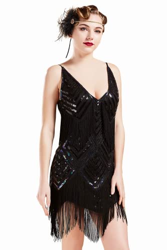 BABEYOND 1920s Kleid Damen Sexy V Ausschnitt Flapper Charleston Kleid 20er Jahre Retro Stil Great Gatsby Motto Party...