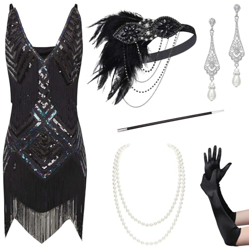 BABEYOND 1920s Kleid Damen Sexy V Ausschnitt Flapper Charleston 20er Jahre Retro Stil Great Gatsby Motto Party Damen...