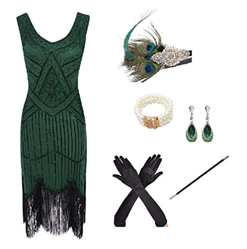 shoperama 20er Jahre Charleston Flapper Damen-Kostüm Grün Pailletten-Kleid mit Fransen und 5-TLG. Pfau Zubehör-Set,...