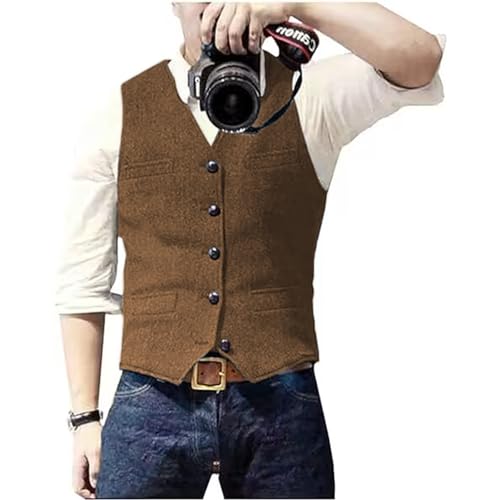 Solovedress Herren Casual Wolle Fischgrätmuster Anzug Weste V-Ausschnitt Tweed Weste für Hochzeit Groomsmen(Braun,XXL)