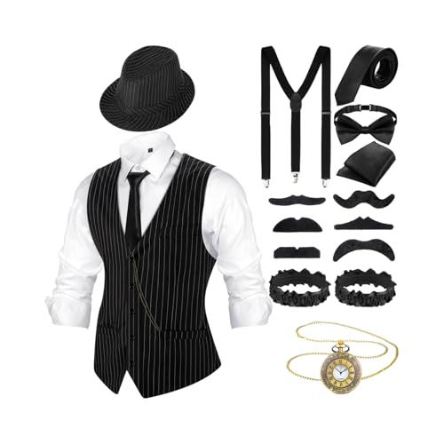 20er Jahre Herren Accessoires mit Weste Fedora Hut Taschenuhr Fliege Krawatte Hosenträger und Requisit (Schwarz Weiß...