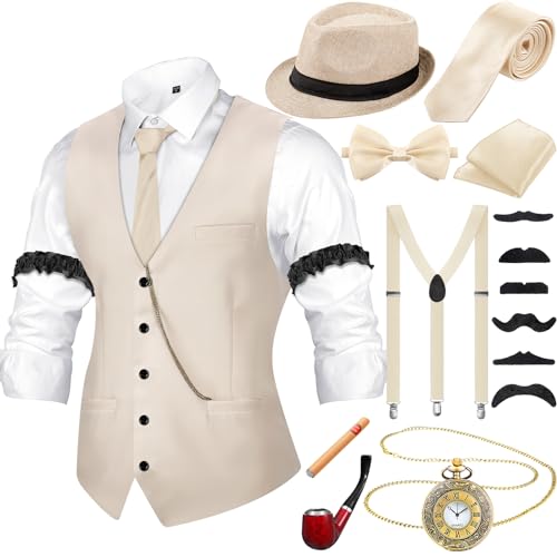 20er Jahre Herren Accessoires mit Weste Fedora Hut Taschenuhr Fliege Krawatte Hosenträger und Requisit (Beige, M)