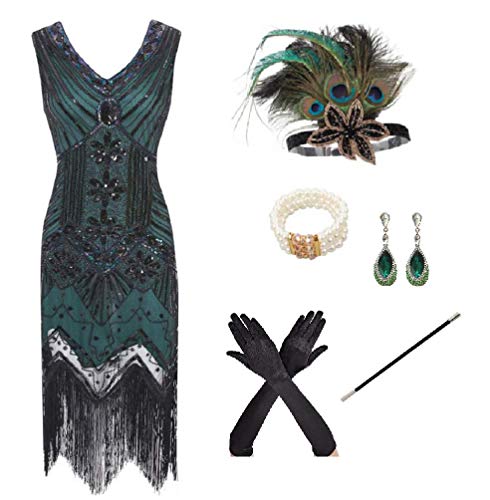 shoperama 20er Jahre Charleston Flapper Damen-Kostüm Grün/Schwarz Pailletten-Kleid mit Fransen und 5-TLG. Pfau...