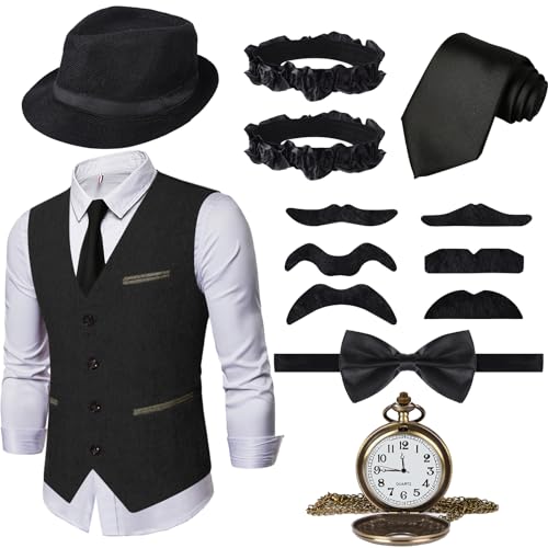 Ulikey 20er Jahre Accessoires, Mafia Kostüm Set für Herren, 1920er Zubehör Mit Westen & Verschiedenen Accessoires...