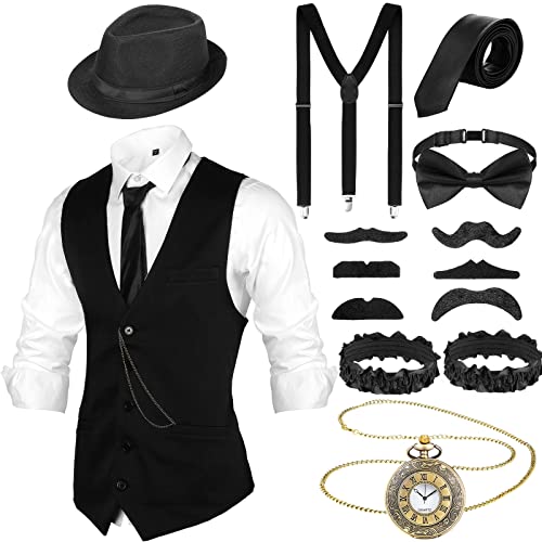Blulu 1920er Herren Zubehör Gatsby Gangster Kleidung Kostüm Halloween Cosplay Outfit mit Weste Fedora Hut Taschenuhr...