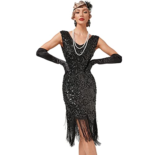 BOFUNX Damen Pailletten 1920s Kleid V Ausschnitt Knielang Charleston Kleid Flapper Gatsby Abschlussball Kleid Abendkleid...