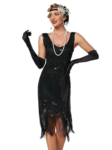 VILOREE 1920 Pailletten verschönert Quasten Falten Flapper Damen Mini Kleid Party Gastby Motto Schwarz S