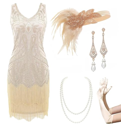 BABEYOND Damen Retro 1920er Stil Flapper Kleider Set mit Zwei Schichten Troddel V Ausschnitt Great Gatsby Motto Party...