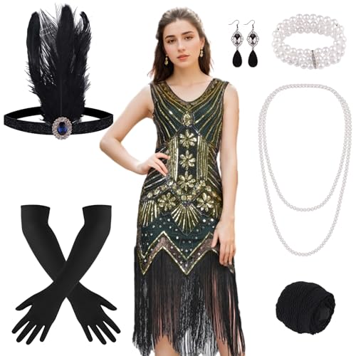 FEPITO Flapper-Kleider im Stil der 1920er Jahre für Damen, mit Fransen und Pailletten besetztes Great Gatsby-Kleid für...