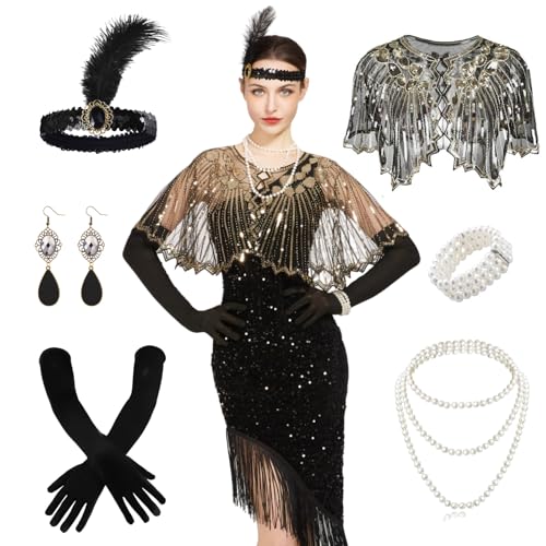 Ginkago 20er Jahre Charleston Kleid Set Mit Accessoires - Perfekt für Kostüm Damen, Karneval, Halloween (L)