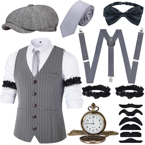 JONRRYIN 20er Jahre Herren Accessoires, 1920er Mafia Kostüm Herren Set, 1920er Herren Kostüm Zubehör mit Westen &...