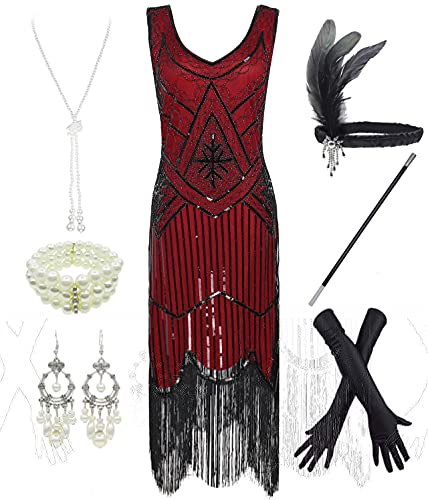 FUNDAISY 1920er Jahre Gatsby Pailletten gefüttert Paisley Flapper Dress Set mit 20er Jahre Zubehör, Rot, L