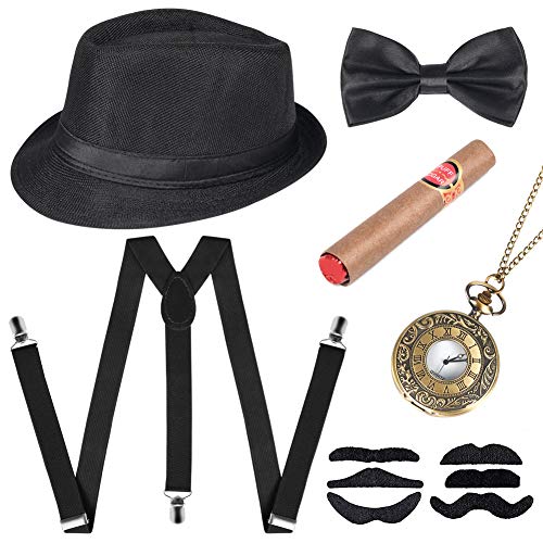 Cucudy 1920s Kostüm Herren 20er Jahre Accessoires Inklusive Panama Gangster Hut Verstellbar Elastisch Hosenträger...
