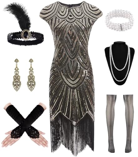 WILDPARTY 20er Jahre Kostüm Damen Charleston Kleid, Flapper Kleid mit Pailletten Perlen Fransen Netzstrümpfe, Kleider...