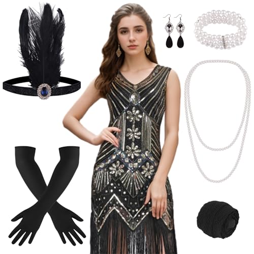 FEPITO Flapper-Kleider im Stil der 1920er Jahre für Damen, mit Fransen und Pailletten besetztes Great Gatsby-Kleid für...