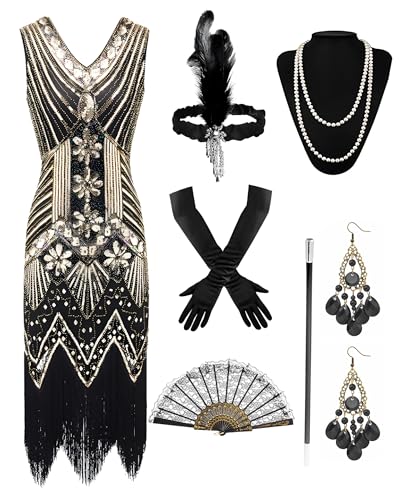 BIQIQI 20er Jahre Kostüm Damen Gatsby Kleid, 1920er Charleston Kleid, Flapper Kleider mit Pailletten und Fransen,...